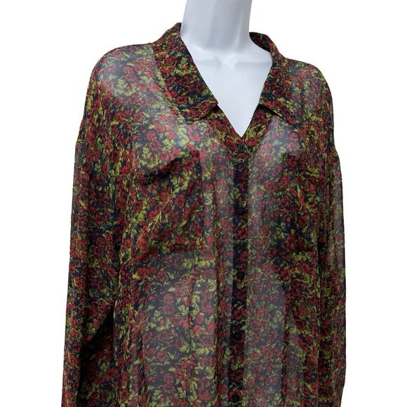 Free People Womens Easy Rider Floral Sheer Button Up Blouse Size M Navy Romantic - Picture 3 of 8
